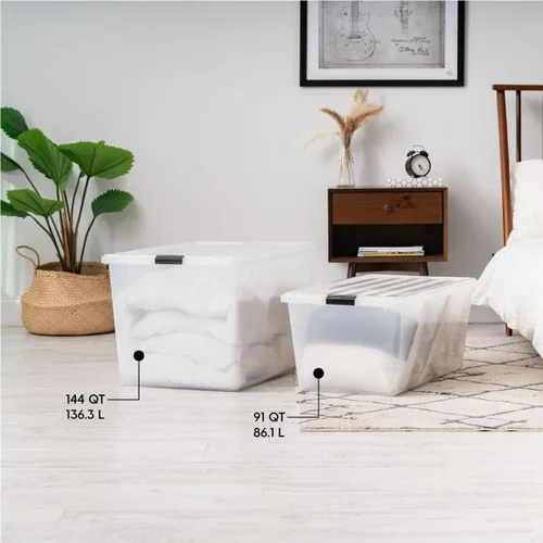 Vista 3 de IRIS USA - Contenedores de almacenamiento apilables de plástico de 91 cuartos de galón con tapas y hebillas de cierre, paquete de 4, contenedores