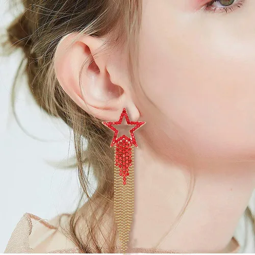 Vista 2 de Pendientes de borla para mujer, diseño de estrella, de cristal, estilo bohemio, cascada, con flecos, aretes colgantes
