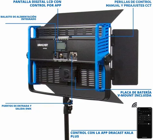 Vista 3 de Dracast Kala Plus Series 2000 Luz de video LED bicolor Ajustable 3200K - 5600K Control de aplicación Regulable 0-100% CRI y TLCI 96+ Placa