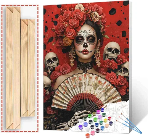 Vista 25 de Tucocoo Decoración del Día de los Muertos, pintura por números, esqueleto para parejas, pintura por números sobre lienzo con pinceles y pigmento
