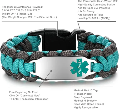 Vista 2 de Pulsera de alerta médica Paracord para hombres y mujeres Pulsera de identificación médica de acero inoxidable con hebillas de liberación lateral