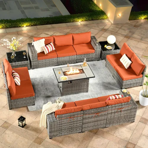 Vista 21 de ovios Juego de muebles de patio de 6 piezas, sofá seccional de mimbre para exteriores con mesa auxiliar, cómodos cojines, moderno sofá modular Beige