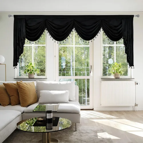 Vista 12 de Cenefa de terciopelo negro para sala de estar, cenefas de cascada de lujo para ventanas, cenefa de cuentas con borlas para cocina, cenefa