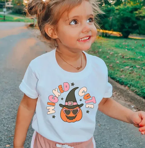 Vista 2 de Wicked - Lindas camisetas retro de Halloween para niños y niñas pequeñas con diseño de cara de calabaza, camiseta de manga corta para otoño