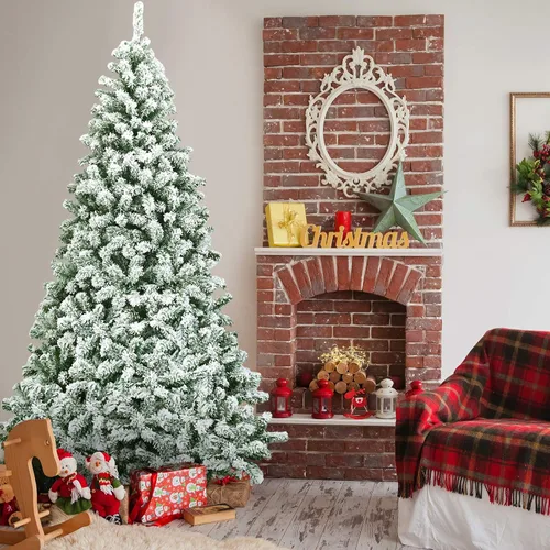 Vista 9 de GOFLAME Árbol de Navidad con bisagras flocadas de nieve de 7.5 pies, pino clásico realista con soporte plegable y flexible, hojas gruesas de PVC