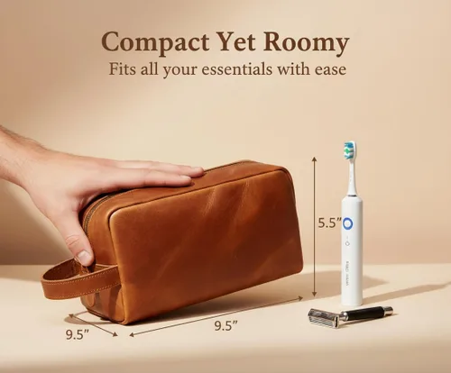 Vista 3 de The Tannery Neceser de cuero genuino para hombres y mujeres, bolsa ligera para unisex, bolsa de maquillaje duradera, el mejor regalo para el día