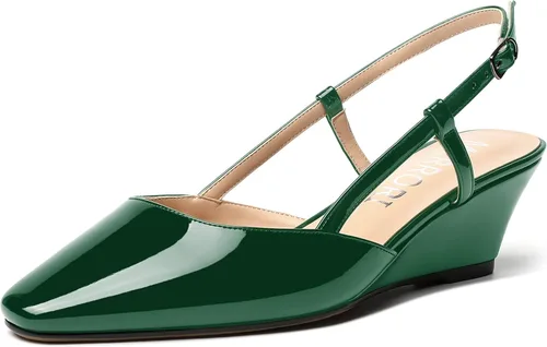 Vista 13 de MERRORI Zapatos de tacón bajo de cuña con hebilla y punta cuadrada para mujer, de patente sólida, de 2 pulgadas Beige