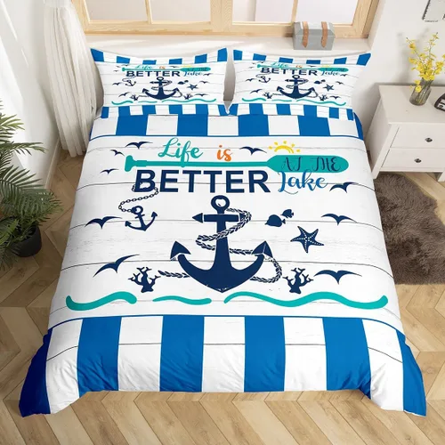 Vista 17 de Erosebridal Funda de edredón náutica para niños y niñas, juego de ropa de cama azul y blanco oceánico, funda de edredón de tabla de surf Hawaii