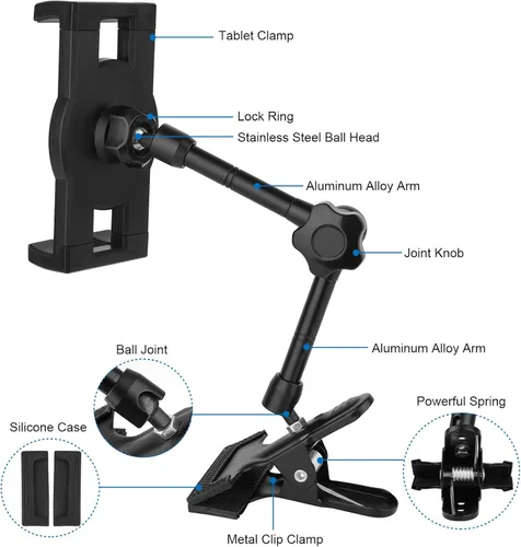 Vista 3 de Mippko Soporte para tablet para escritorio/mesa/caballete/tablero/estante, brazo de aleación de aluminio ajustable de 360°, soporte para iPad