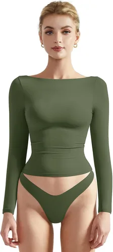 Vista 12 de SUUKSESS Camiseta de mujer con cuello redondo, manga larga, doblemente forrada, ajustada y corta