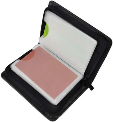 Vista 7 de Cartera de piel con bloqueo RFID para hombres y mujeres con cremallera, gran capacidad de almacenamiento, Marrón, Negro