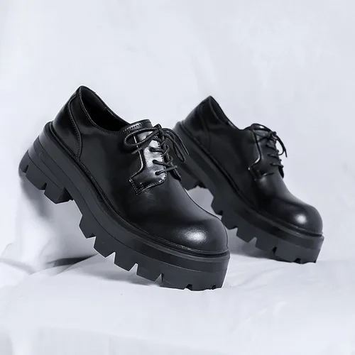 Vista 4 de Zapatos Oxford de cuero con plataforma con cordones para hombre Zapatos de vestir con suela de talón grueso y punta redonda Zapatos clásicos