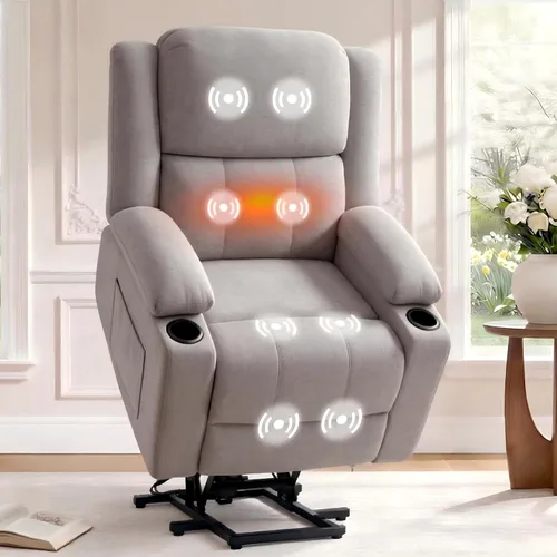 Vista 16 de FLEXISPOT Silla reclinable eléctrica con masaje y calor, silla elevadora de un solo motor, tapicería de tela de felpilla, USB/tipo C, portavasos