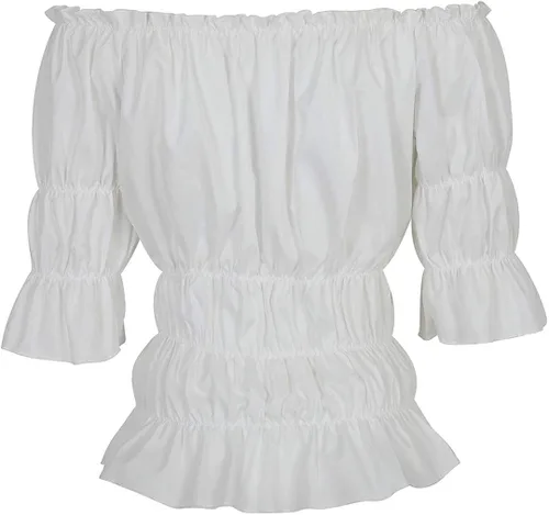 Vista 3 de Blusa renacentista para mujer, estilo victoriano, steampunk, pirata, hombros descubiertos, manga corta, blusa fruncida