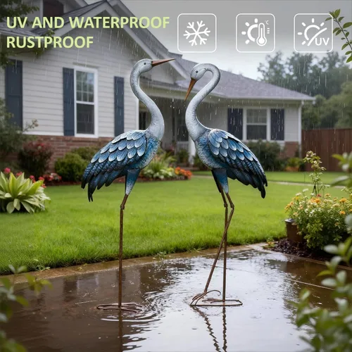 Vista 5 de Kircust Estatuas de Garza Azul para Exteriores Esculturas de Garza de Jardín de Metal, Arte de Patio de Pájaros Grande 47-48 Pulgadas, Juego de 2