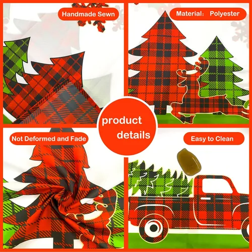Vista 3 de pinkblume Mantel de Navidad rectangular de 4.3 x 9 pies, diseño de búfalo a cuadros, árbol de Navidad, camión rojo, alegría y alegría, letrero