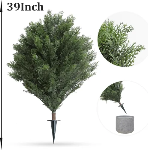 Vista 2 de momoplant Topiario de ciprés artificial de 39 pulgadas, árboles de cedro sintético, juego de 2 plantas artificiales para porche, decoración
