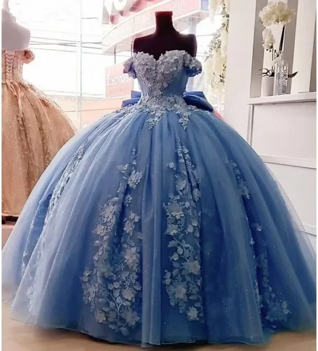 Vista 3 de TRHTX Vestidos de quinceañera con cuentas de encaje 2025 hinchados con hombros descubiertos dulces 16 vestidos de flores de tul vestido de membrillo