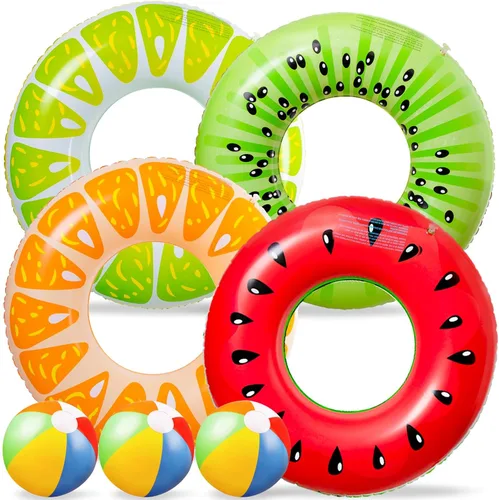 Vista 9 de 90shine Paquete de 7 flotadores de piscina en forma de dona: flotadores inflables y bolas de playa, tubos flotantes y juguetes para niños y adultos