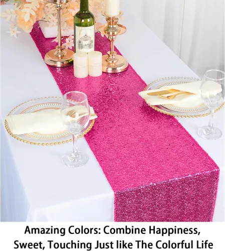 Vista 3 de ShinyBeauty Camino de mesa de lentejuelas rosa intenso, 12 x 72 pulgadas, elegante camino de mesa para eventos de boda personalizado