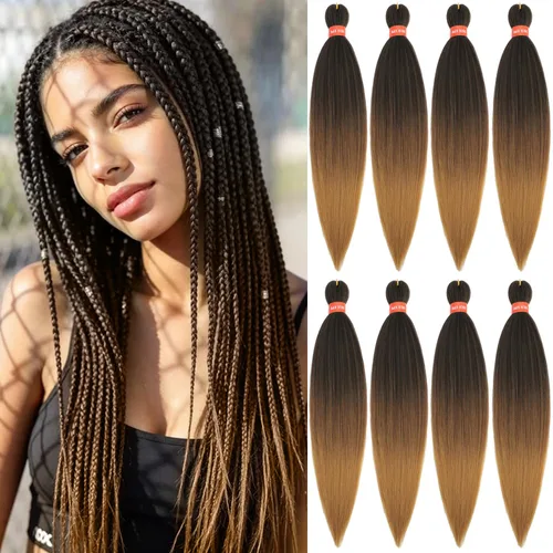 Vista 17 de Cabello trenzado preestirado ombré, extensiones de cabello trenzado sedoso, sin picazón, trenzas de cabello trenzado de ganchillo con textura Yaki