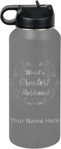 Vista 50 de LaserGram Botella de agua con tapa abatible de doble pared de 12 onzas con pajilla, grabado personalizado incluido (negro)