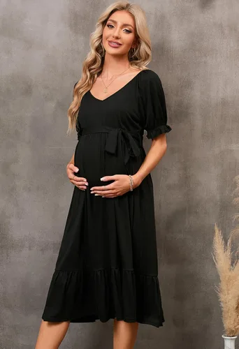 Vista 2 de Vestido de maternidad midi cuello en V cuello en V manga corta ropa para mujer embarazada