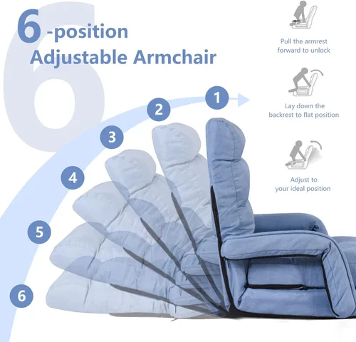 Vista 4 de Giantex Chaise Lounge - Sillón plegable multiusos para interiores con 6 posiciones ajustables, reposabrazos integrados, almohada lumbar, asiento
