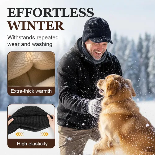 Vista 4 de Gorro de punto elástico cálido con protección para los oídos, unisex, acogedor, gorro de invierno con ala y orejeras para hombres y mujeres