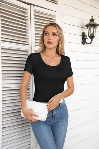 Vista 6 de VICHYIE Camisas de verano para mujer, cuello redondo, manga corta, acanaladas, ajustadas, casuales, básicas