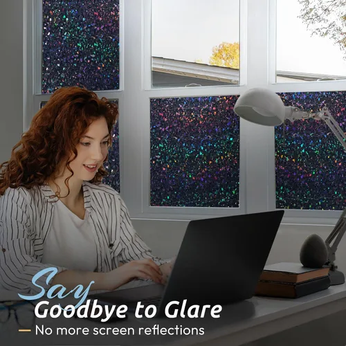 Vista 6 de rabbitgoo - Película de privacidad para ventanas con diseño de arco iris y vidrio manchado, patrón de diamante, calcomanía no adhesiva con tinte