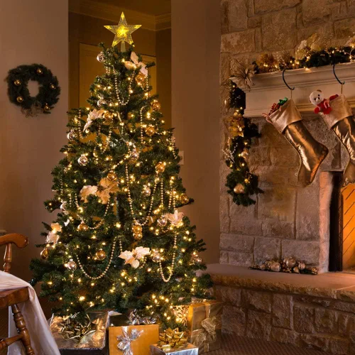 Vista 2 de Pequeño adorno para árbol de Navidad con estrella y luz LED de 15 cm, estrella para árbol de Navidad con diseño rústico, adorno festivo para árbol