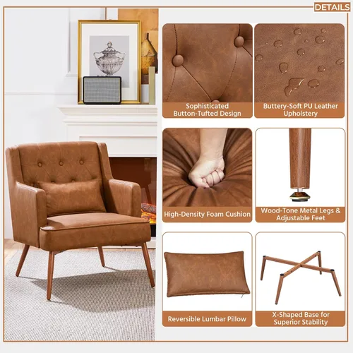Vista 5 de Yaheetech - Silla decorativa de estilo Accent para sala de estar, silla moderna de mediados de siglo con cojín lumbar, cómoda silla tapizada