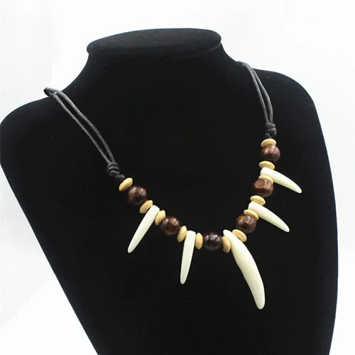 Vista 5 de Collar tribal de acrílico con dientes de lobo estilo étnico, hecho a mano, piedra de madera, resina rizada, diente de lobo ajustable, collar