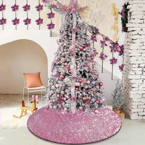 Vista 8 de Falda de Árbol de Navidad Rosa, Falda de Árbol de Lentejuelas Brillantes Rosa de 36 Pulgadas, Alfombrillas de Árbol de Navidad de Purpurina