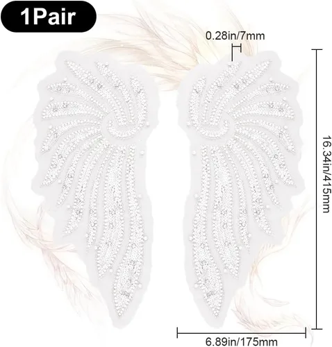 Vista 2 de 2 piezas de 2 estilos de alas de ángel apliques de perlas grandes 3D con cuentas de lentejuelas apliques de encaje de diamantes de imitación