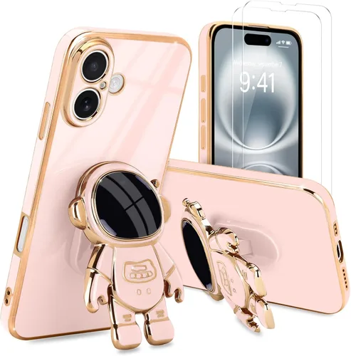 Vista 34 de Pepmune - Funda para iPhone 15 con soporte de astronauta 3D, color negro [2 Screen Protector], Luxury Electroplated Soft TPU Cover with Kickstand