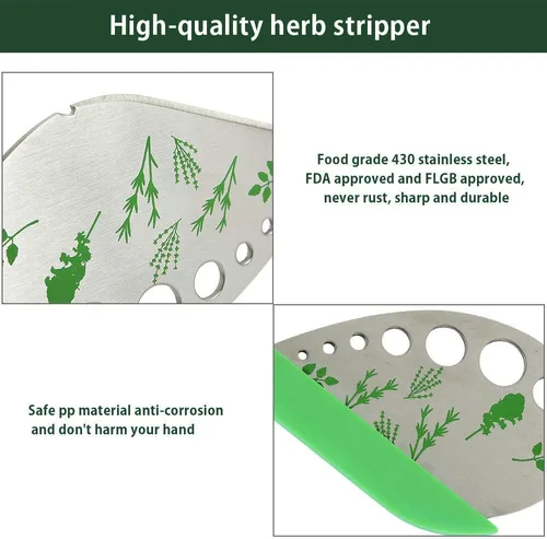 Vista 4 de Pelador de hierbas de hojas con 9 agujeros, removedor de hojas de acero inoxidable, herramienta de cocina con soporte protector, herramienta
