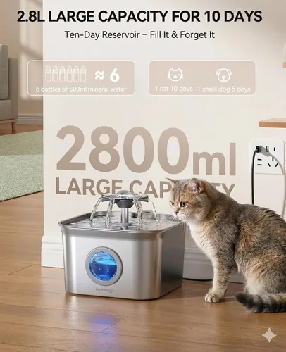 Vista 7 de Fuente de agua para gatos de acero inoxidable, 2.8 L con bomba ultra silenciosa de 20 dB, ideal para mascotas tímidas, ventana LED de nivel de agua