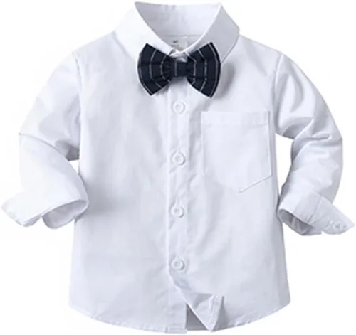 Vista 22 de IDOPIP Trajes de otoño e invierno para niños pequeños, camisa de manga larga con corbatín + chaleco + pantalones largos, overoles