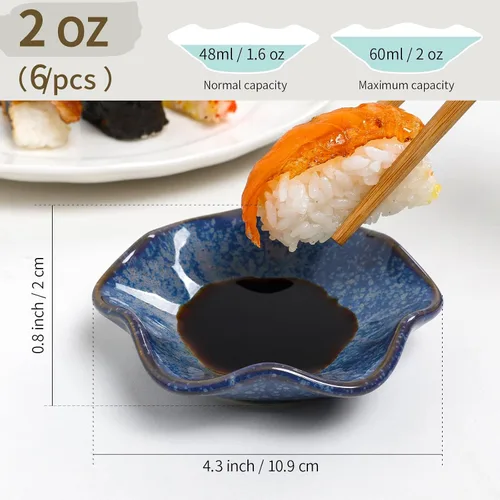 Vista 2 de Juego de 6 Cuencos de Inmersión de Cerámica, Platos para Salsa de Soja, Tazas para Salsas de 2 oz, Platos Laterales Pequeños Redondos de Crisantemo
