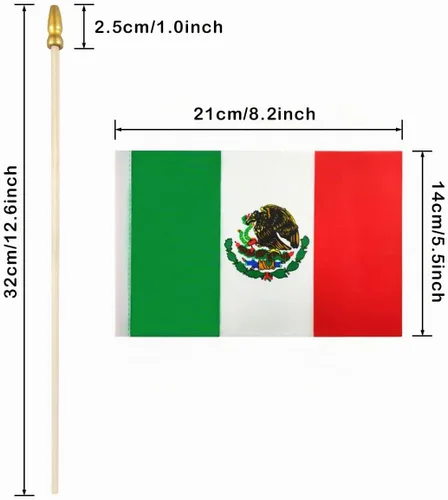 Vista 2 de QQSD Mini banderas de mano con bandera mexicana de México, poste de madera maciza con punta de lanza, paquete de 12