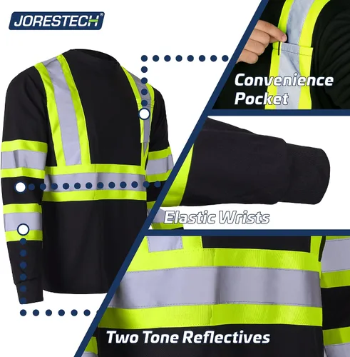 Vista 6 de JORESTECH Camisa de trabajo de seguridad negra de manga larga - Alta visibilidad dos tonos amarillo/lime - ANSI/ISEA