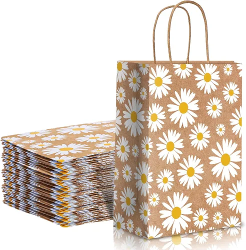 Vista 2 de Whaline Paquete de 12 bolsas de regalo de flores de margarita, bolsas de papel kraft con asas, bolsas de regalo florales para fiesta de primavera