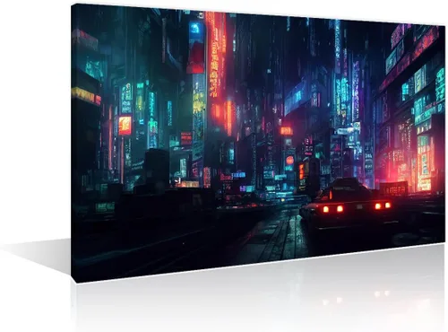 Vista 13 de 1 panel de cuadros de la ciudad de Cyberpunk, arte de pared, representación de vallas publicitarias, edificios modernos en la capital con obras