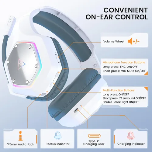 Vista 9 de EKSA E1000WT Wireless Gaming Headset,2.4GHz USB Gaming Headphones with Microphone for PC, PS5, PS4, Nintendo Switch, 7.1 Surround Sound Headset, RGB