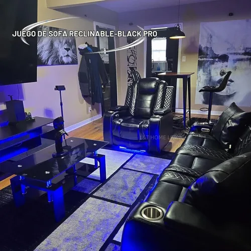 Vista 3 de Juego de sofá reclinable eléctrico de cuero con LED, juego de muebles de sala de estar, juego de sofá de cuero con puerto USB, consola