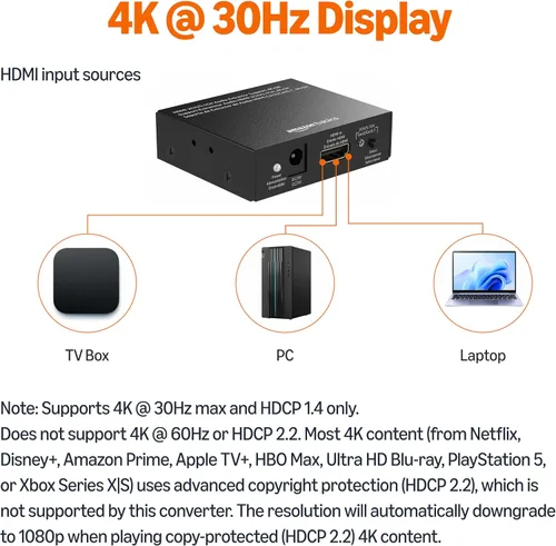 Vista 2 de Amazon Basics Convertidor extractor HDMI a HDMI y audio (RCA estéreo o Spdif) de 4K a 30Hz, negro
