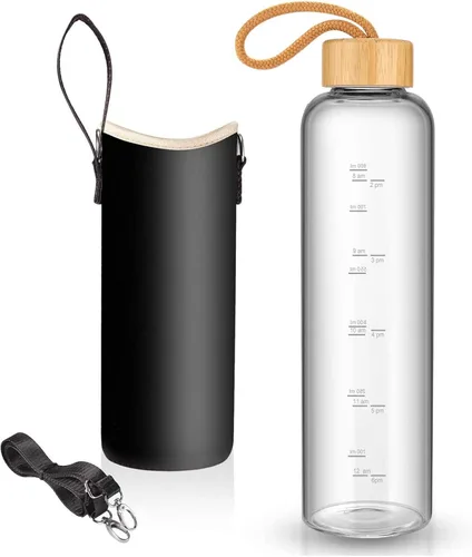 Vista 2 de Sursip Botella de agua de vidrio de 32 onzas, fundas de protección de botella de nailon, tapa de bambú y medidas marcadas de tiempo de 1 litro