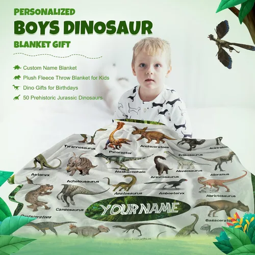 Vista 2 de Manta personalizada de dinosaurio para niños, mantas de regalo de dinosaurios jurásicos para niños, manta personalizada con nombre, manta